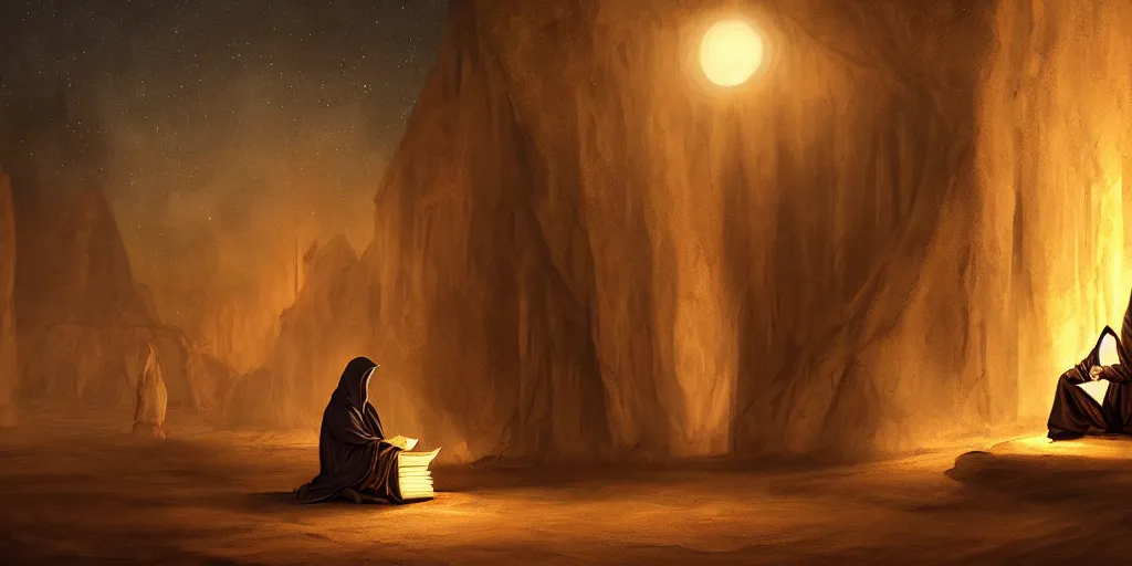 Prompt: a hooded man reading ancient scrolls in the light from a small fire in the Egyptian desert, night, stars, palm trees, mystic, by Andreas Rocha + Ted Nasmith, dark, cinematic lighting, masterpiece, highly detailed, 8k resolution, trending on art station