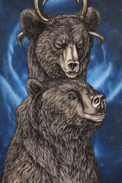 Image similar to sideview waist up portrait of bear baphomet made with porcelain by jeff easley and peter elson, beautiful eyes and face, symmetry face, galaxy, gothic, surreal, dread, highly detailed, intricate complexity, epic composition, magical atmosphere, masterpiece, award winning, trending on artstation