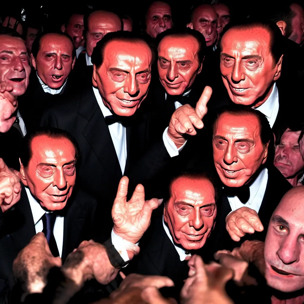 Prompt: Silvio Berlusconi partying at bassiani club with gorillas, goblins and fairies, wide-angle lense, 4k,