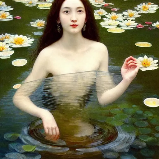 Image similar to a painting of a woman with greek white clothes floating in a pond of water lillies, a fine art painting, by liu jun, cgsociety, deviantart, pre - raphaelitism, figurative art, magical realism, detailed painting, made of flowers