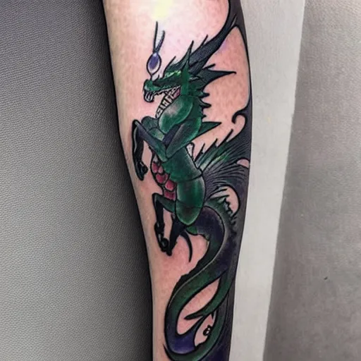 Image similar to anime manga full color dragon!! Emerald and obsidian dragon, forearm tattoo, tattoo