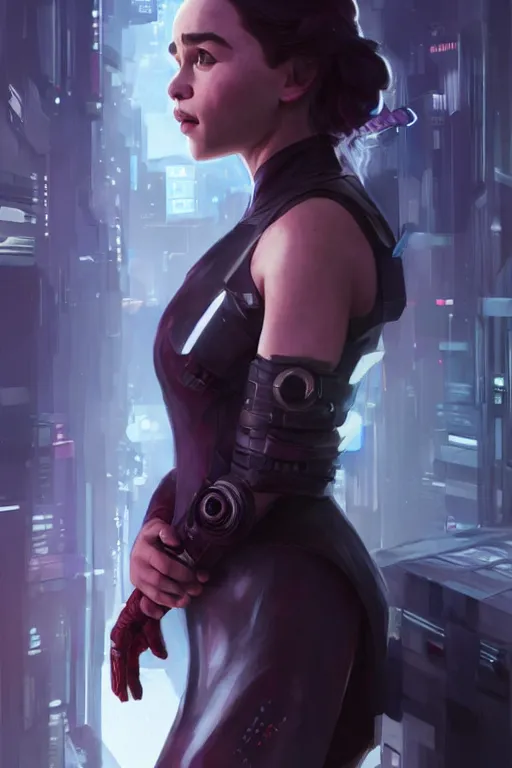 Image similar to Emilia Clarke in a Cyberpunk Outfit, anatomy, only two hands, highly detailed, digital painting, artstation, concept art, smooth, sharp focus, illustration, Unreal Engine 5, 8K, art by art by artgerm and greg rutkowski and edgar maxence