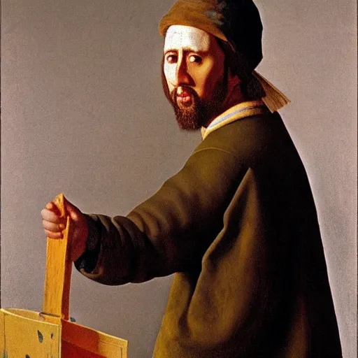 Prompt: Painting of Nicolas Cage as a dutch farmer, painted by Vermeer.