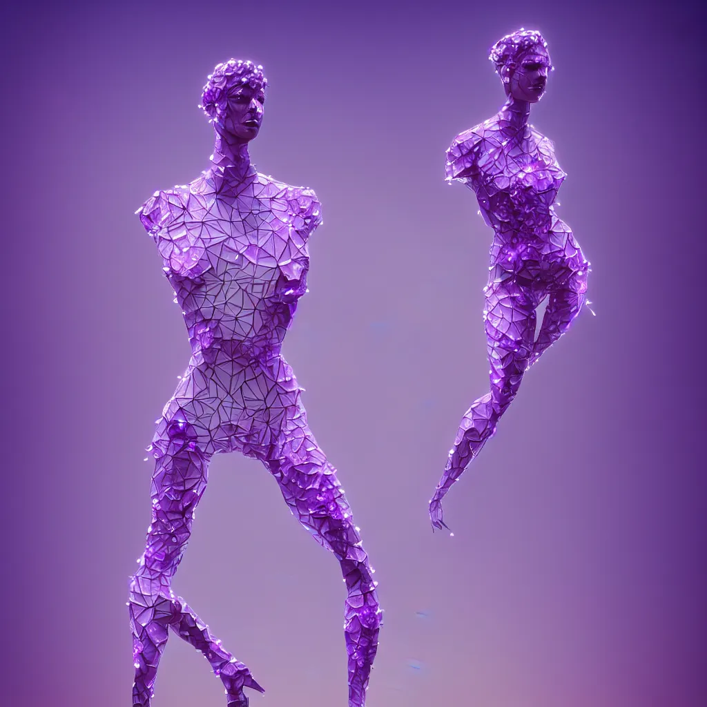 Prompt: beautiful mannequin sculpted out of amethyst by billelis + lit with 3 d geometric neon + facing a doorway opening with neon pink geometric fractal light + flowering hosta plants!!!, moon in background!, rule of thirds, clean linework, dramatic, award winning, 4 k, trending on artstation, photorealistic, volumetric lighting, octane render