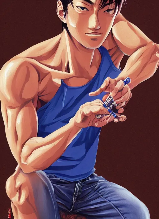 Image similar to Portrait of Onizuka from GTO wearing jeans and no tshirt, masculine and muscular, smoking a cigarette, intricate body, whole body highly detailed, digital painting, artstation, concept art, smooth, sharp focus, illustration, art by Hajime Sorayama