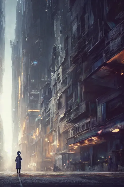 Prompt: a portrait of a small person wearing a cloke in the middle foreground walking in the street of a sci-fi city by Greg Rutkowski, Sung Choi, Mitchell Mohrhauser, Maciej Kuciara, Johnson Ting, Maxim Verehin, Peter Konig, final fantasy , mythical, 8k photorealistic, cinematic lighting, HD, high details, atmospheric,