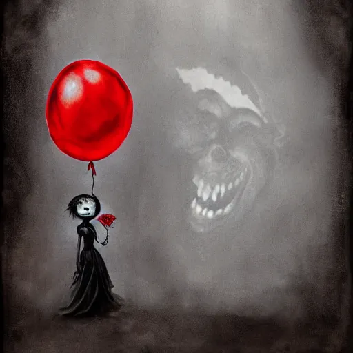 Prompt: grunge painting of creepy pasta with a wide smile and a red balloon by chris leib, loony toons style, pennywise style, corpse bride style, horror theme, detailed, elegant, intricate, Atmospheric phenomenon, artistic photography, conceptual, volumetric light