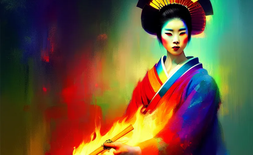 Image similar to female geisha girl holding a flame of rainbow, beautiful face, colourful, rule of thirds, thousands of colors, intricate outfit, spotlight, by greg rutkowski, by jeremy mann, digital painting