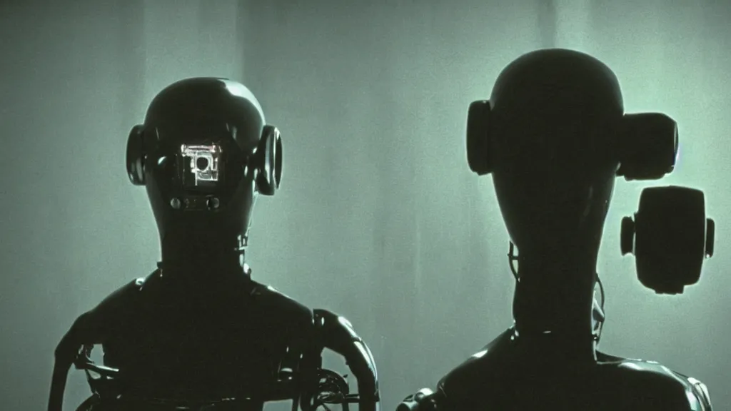 Image similar to The man with robot head, movie still, cinematic composition, cinematic light, by David Lynch