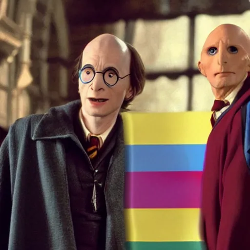 Image similar to harry potter with voldemort, pride flag in background