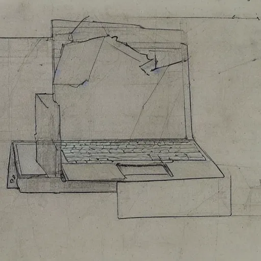 Image similar to drawing of macbook prototype by leonardo da vinci, lot of notes and figures, antique drawing, sketch, art, intricate details, highly detailed