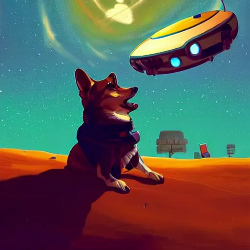 Image similar to a corgi in a spaceship flying through the stars, beautiful detailed digital painting by simon stalenhag