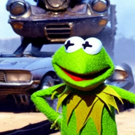 Image similar to kermit the frog in a scene from mad max