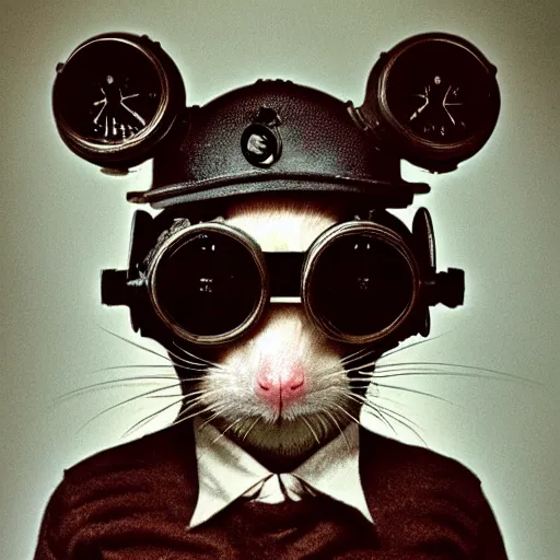 Prompt: a rat with steampunk googles, by Gottfried Helnwein