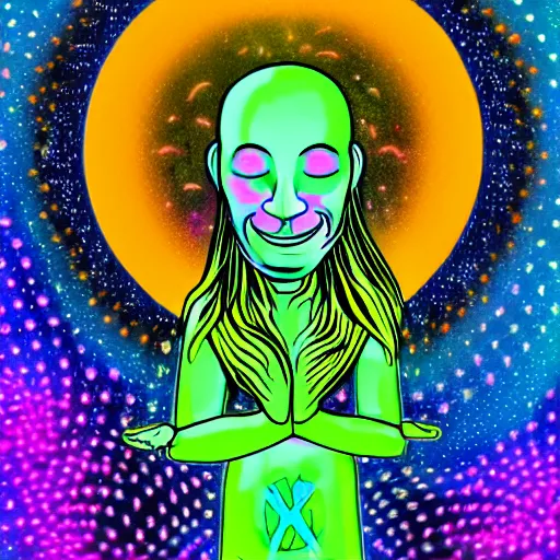 Prompt: a psychedelic hippy alien smiling and meditating, floating in space, in the style of ben ridgeway