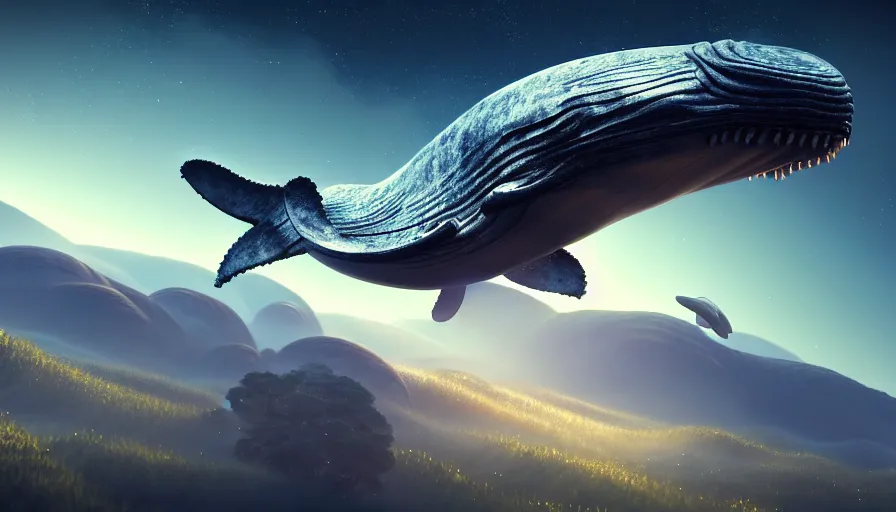 Image similar to highly detailed cinematic scifi render of flying whale over the tuscany skies, cypresses and hills, stars and planets, hyper detailed, digital art, cinematic lighting, studio quality, smooth render, unreal engine 5 rendered, octane rendered, art style by klimt and nixeu and ian sprigger and wlop and krenz cushart, artstation unreal.