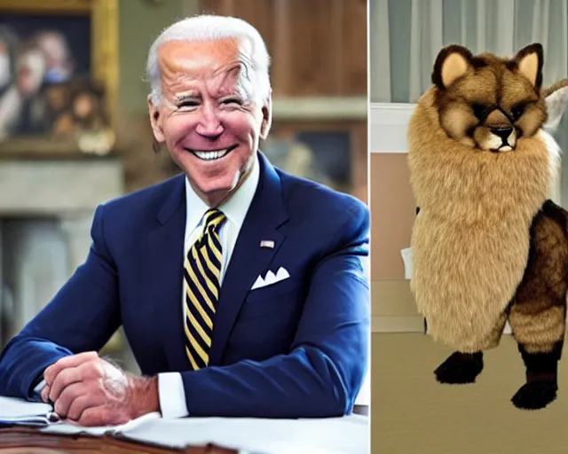 Prompt: Joe Biden showing off his fursona, furry fandom, furry