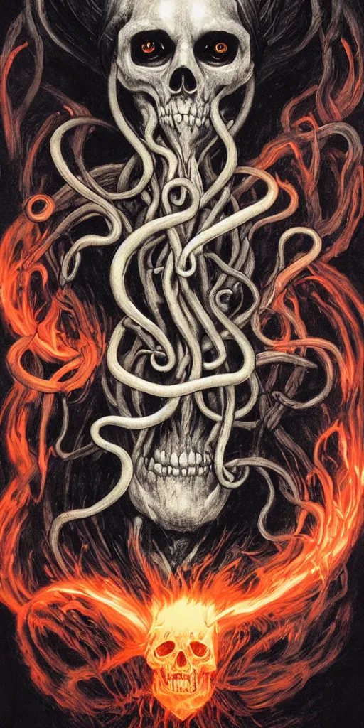 Prompt: intense glowing black metal pagan god with tentacles and intense glowing white eyes with a skull on fire in very dark void by artgerm and beksinski and alphonse mucha, portrait, fantasy, clear, fire, light beams, lens flare, intense, uhd, amazing depth, cinematic lighting, black smoke and red and intense orange and yellow sparks