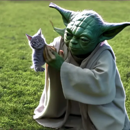 Image similar to Jedi master yoda playing with a kitten 8k