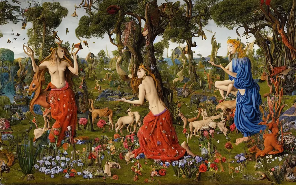 Image similar to photograph of a meditating centaur shaman and a mermaid feeding animals. surrounded by bulbous flowers, animals and a few trees. river delta with dry rocky mountains under a blue sky full of burning stars. painted by jan van eyck, max ernst, ernst haeckel, ernst fuchs and artgerm. trending on artstation, treding on cgsociety