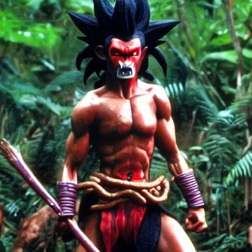 Prompt: Black-haired Saiyan warrior, fighting Yautja Predator in the jungle, 1987 cinematic, film quality
