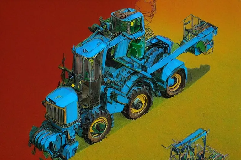 Image similar to john deere harvester, art by beksinski and pauline baynes, trending on artstation, iridescent cool blue and cyan and red and blue and yellow and green lighting camera view from above surrealism, very very intricate, concept art, fisheye lens, situationist international