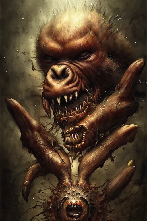 Image similar to ape demon | esoteric symbolism | jean - baptiste monge, esao andrews, bastien lecouffe - deharme, tim jacobus, ken currie | ultra - detailed realism, soft cinematic lighting, hi - fructose, artstation, high - quality, ink watercolors wes anderson poster art