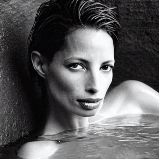 Image similar to Herb Ritts sepia-toned high-contrast photo of Christy Turlington emerging from a milk bath, vignette, grainy film, shallow depth of field