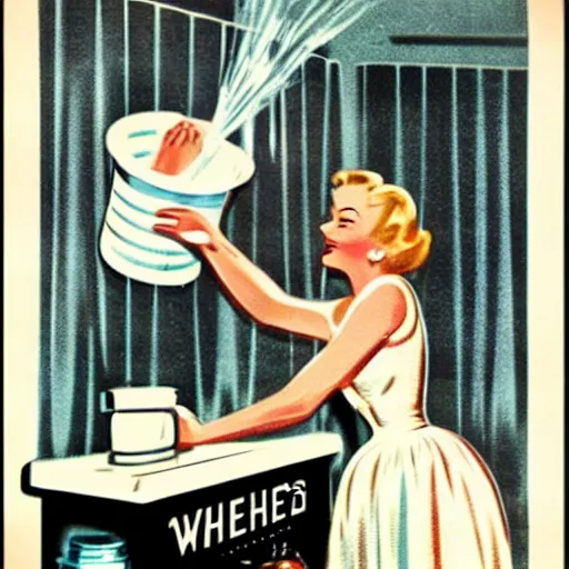 Image similar to a vintage poster of a 1 9 5 0's house wife washing money