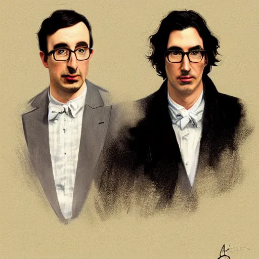 Image similar to painting of both john oliver and adam driver together, john oliver in front, full body, elegant, beautiful, highly detailed, centered, dark, smokey, digital painting, concept art, smooth, sharp focus, illustration, deviant art, art by artgerm, art by greg rutkowski, art by alphonse mucha