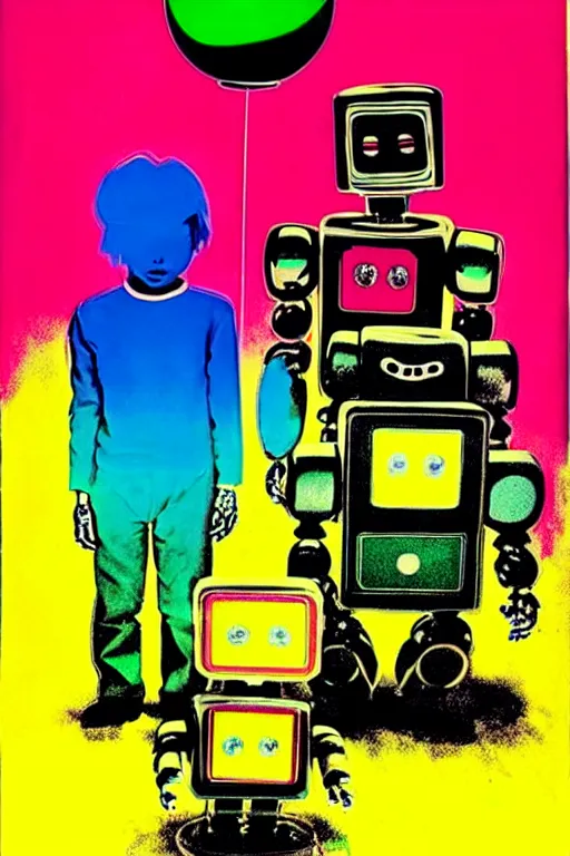 Prompt: ( ( ( ( ( a robot family in the forest garden with soap bubbles, pop art ) ) ) ) ) by andy warhol and bill sienkiewicz!!!!!!!!!!!!!!!!!!!!!!!!!!!!!!