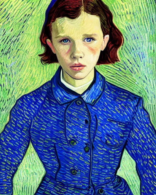 Image similar to portrait of millie bobby brown by vincent van gogh, digital art