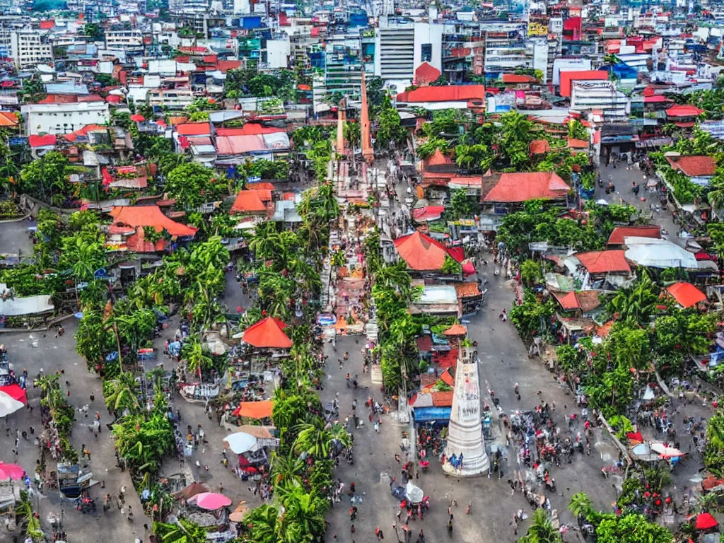 Image similar to tugu jogja with details, and panoramatic view, and dense city crowd feels with javanese wore traditional dress everywhere, high definition art, 4 k images