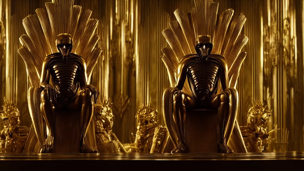 Image similar to a strange creature sits on a golden art deco throne, film still from the movie directed by Denis Villeneuve with art direction by H R Giger, wide lens