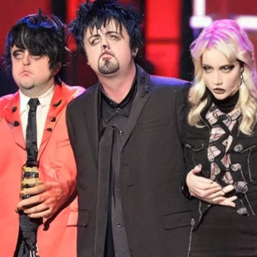 Image similar to billie joe on the stage looking bored and irritated. kid rock is in the middle with wendy.