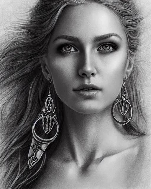 Image similar to pencil drawing of a beautiful greek goddess aphrodite with arrowhead earrings, beautiful piercing eyes, beautiful blonde hair, hyper realistic face, in the style of greg rutkowski, fantasy, amazing detail, epic, elegant, smooth, sharp focus, from the front