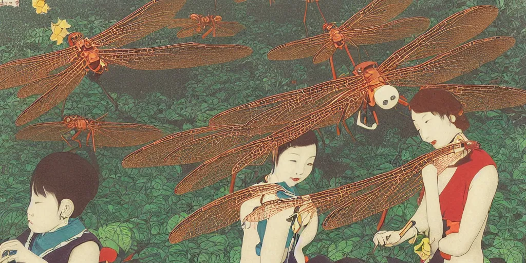 Image similar to gigantic robotic dragonflies with human faces catch tiny robots, a lot of exotic plants around, human heads everywhere, risograph by kawase hasui, edward hopper, satoshi kon and moebius, no text!, colorful flat surreal design, super - detailed, a lot of tiny details, fullshot