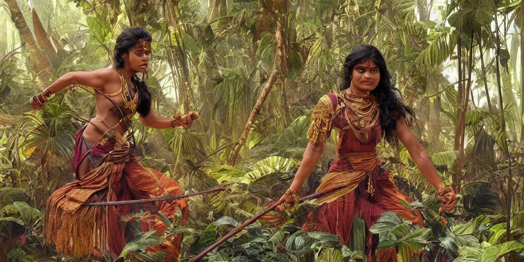 Prompt: sri lankan woman warrior weaving fabric in the jungle, intricate, elegant, highly detailed, digital painting, artstation, concept art, smooth, sharp focus, illustration, art by artgerm and greg rutkowski and alphonse mucha