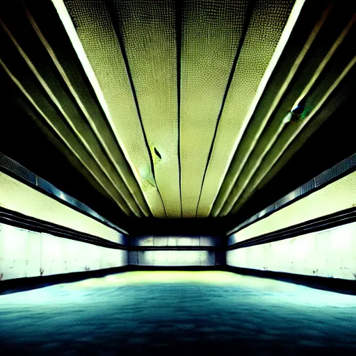 Image similar to noisy photograph of a large liminal underground garden, sky made of ceiling panels, retrofuturism, brutalism, staggered terraces, hidden area, unknown space, minimalist, cinematic, soft vintage glow, unreal engine