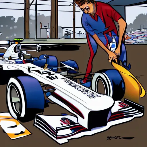 Prompt: formula one mechanic works on car, comic, wide shot, style by patrick brown