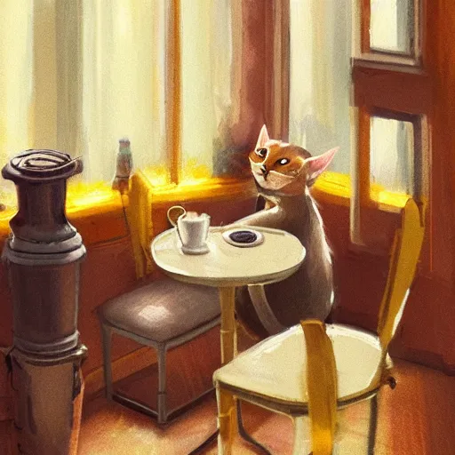 Prompt: brown cat with yellow eyes is sitting at table in a cafe at paris in early 2 0 th century. it is licking milk from little saucer, atmospheric feeling, warm colours, brown colours, yellow colours, epic scene, cinematic, very detailed, concept art, trensing on artstation