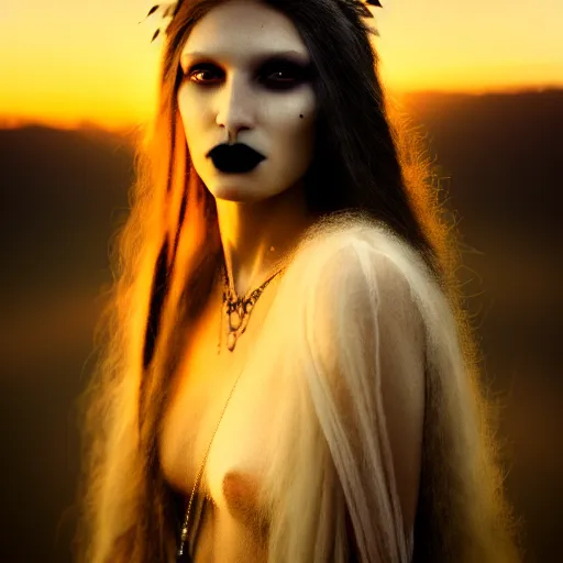 Image similar to photographic portrait of a stunningly beautiful gothic native american female in soft dreamy light at sunset, contemporary fashion shoot, by edward robert hughes, annie leibovitz and steve mccurry, david lazar, jimmy nelsson, breathtaking, 8 k resolution, extremely detailed, beautiful, establishing shot, artistic, hyperrealistic, beautiful face, octane render