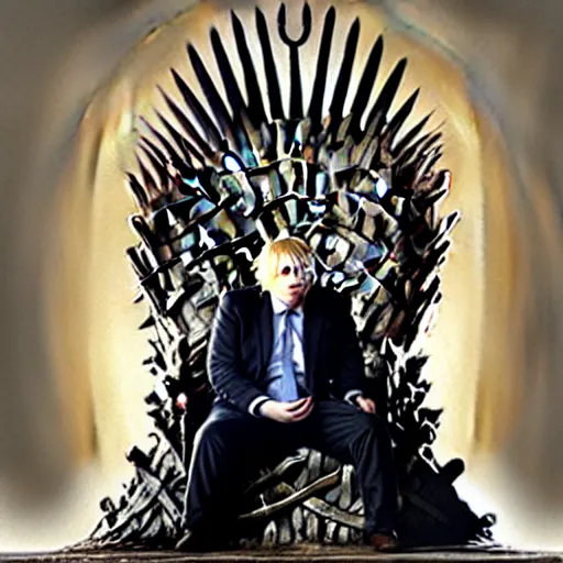 Prompt: boris johnson sitting on the iron throne in game of thrones, anatomy, bathed in light, highly detailed, photorealistic, artstation, smooth, sharp focus, illustration, unreal engine 5, 8 k, art by artgerm and greg rutkowski and edgar maxence