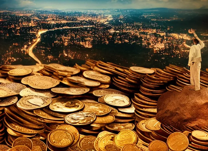 Image similar to a 3 5 mm photo of hills made of of coins, with a man standing on top, splash art, movie still, bokeh, canon 5 0 mm, cinematic lighting, dramatic, film, photography, golden hour, depth of field, award - winning, anamorphic lens flare, 8 k, hyper detailed, 3 5 mm film grain