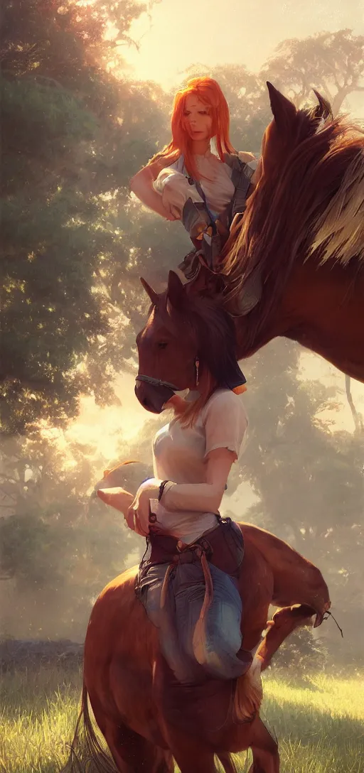 Image similar to southern ginger woman in ripped overalls riding a horse with a white mane, airbrushed, hazy, gentle, soft lighting, wojtek fus, by makoto shinkai and ilya kuvshinov,