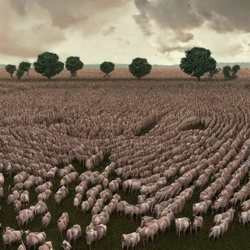 Image similar to an army of cows, chickens and pigs enslaving humans, horror, 8k, photorealistic,