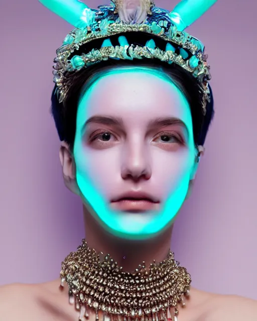 Image similar to natural light, soft focus portrait of an android with soft synthetic pink skin, blue bioluminescent plastics, smooth shiny metal, elaborate ornate head piece, piercings, skin textures, by annie liebovotz,