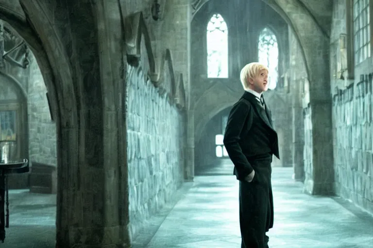 Prompt: film still Haley Joel Osment as Draco Malfoy wearing hogwarts uniform in Harry Potter movie