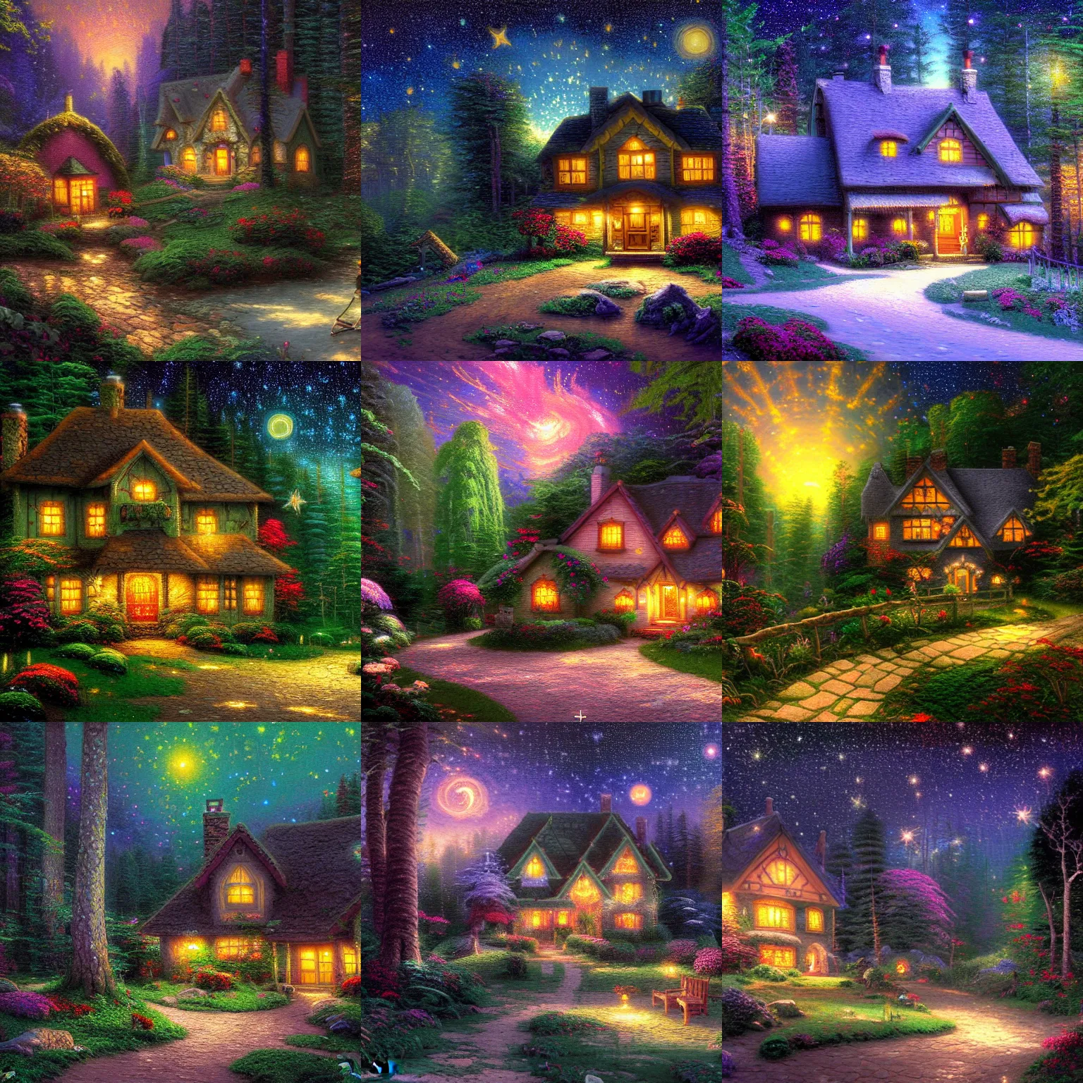 Prompt: a house in the forest, night, starry sky, a fairy in front of the house, by Thomas Kinkade 8k