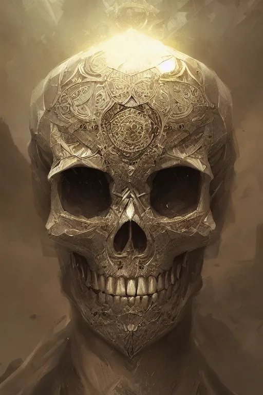 Image similar to avalon skull, close - up portrait, powerfull, intricate, elegant, volumetric lighting, scenery, digital painting, highly detailed, artstation, sharp focus, illustration, concept art, ruan jia, steve mccurry